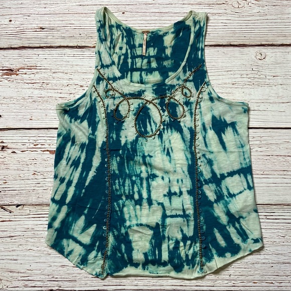 Free People Everything Zen Teal Tie Dye Beaded Tank Top Sz S - Picture 4 of 14